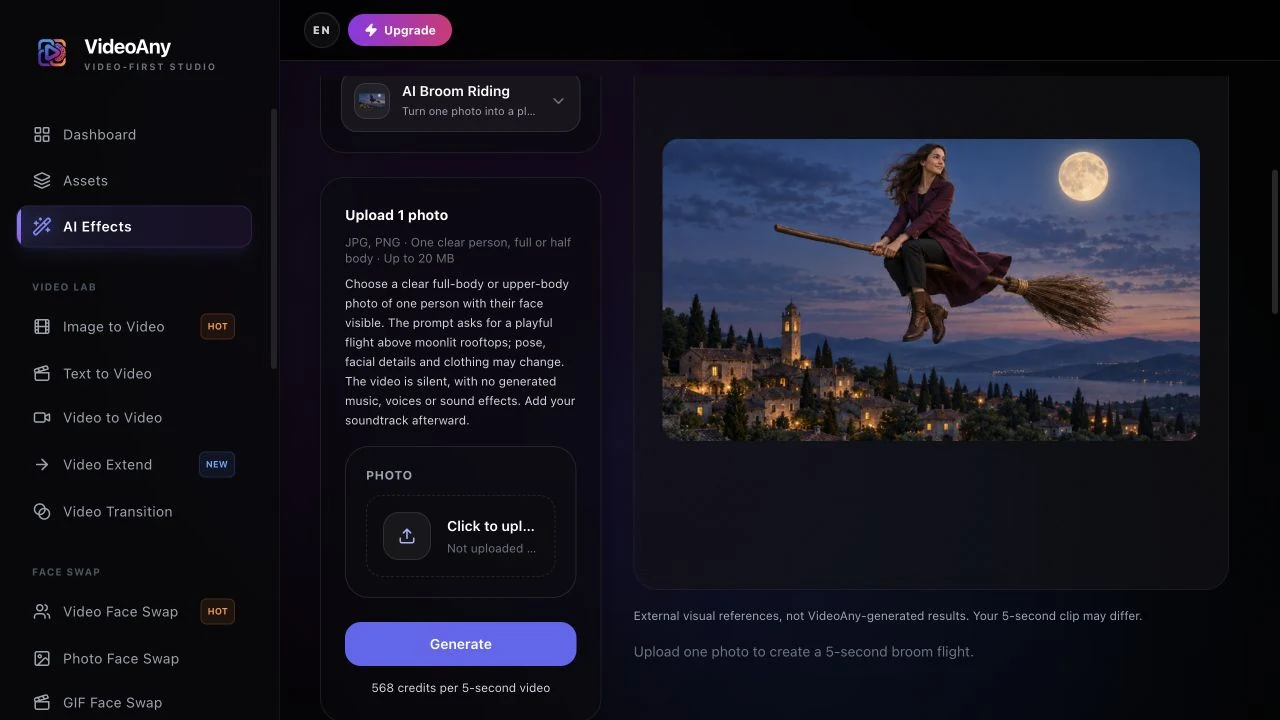 FYP FX AI Broom Riding studio with the single-photo upload field, Generate button, and external scene preview