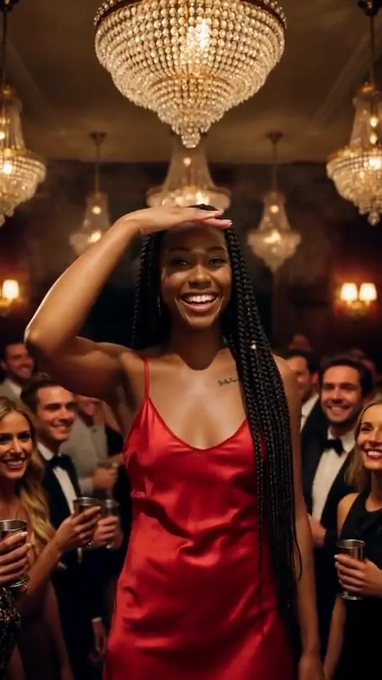 A smiling party guest in a red dress stands beneath a chandelier while surrounding guests hold drinks.