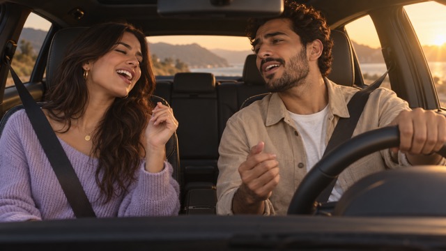 Two people make singing expressions in a car cabin at sunset; a pose and framing reference.