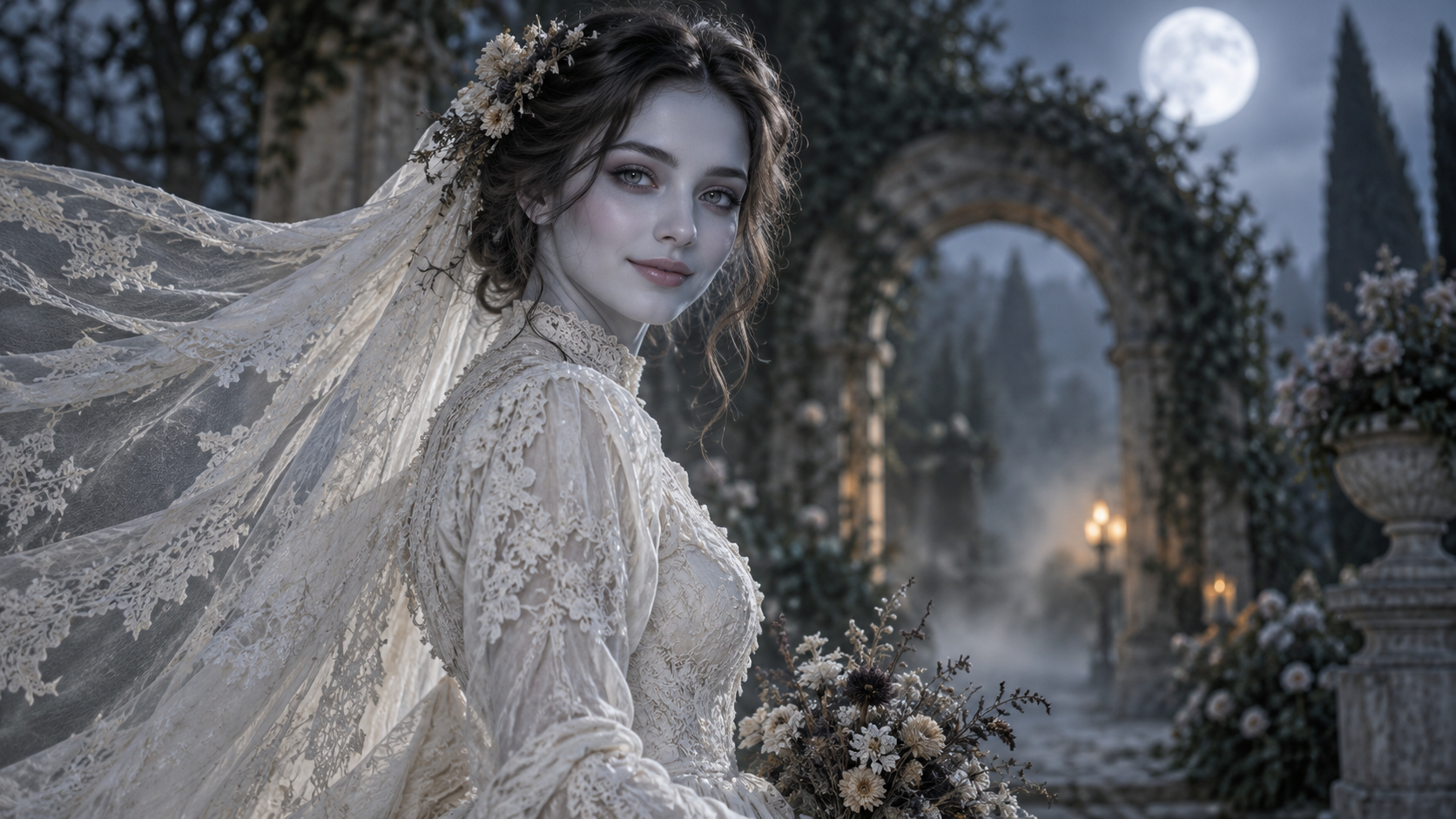 AI upper-body illustration of a gothic bride with a visible face, long sleeves, dried flowers and a lace veil flowing left in a moonlit garden