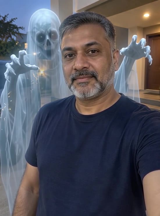 External ghost-prank reference with a front-facing man and open background space beside his shoulders