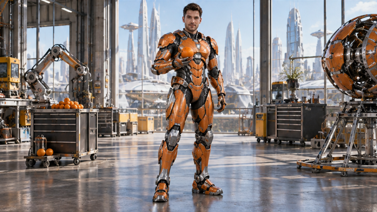 A person in orange articulated armor stands in a bright workshop holding an orange, with the face uncovered.