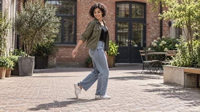 Woman in a green jacket, jeans and white shoes standing in profile in a brick-paved courtyard, with one heel raised and the other foot flat