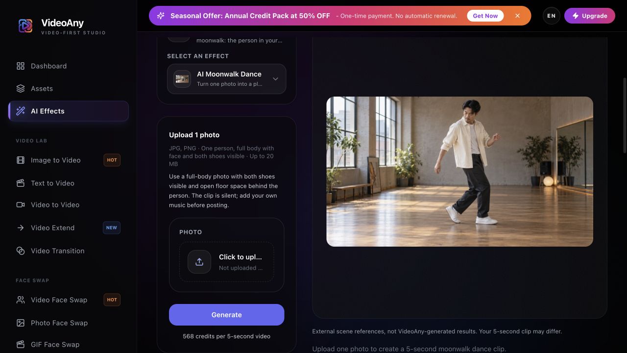 FYP FX Moonwalk Dance studio showing the single-photo upload field, Generate button, 568-credit cost, and external scene reference