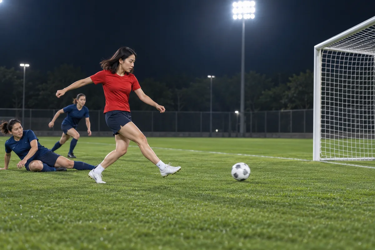 A red-shirted player finishes toward the goal while two blue-shirted defenders trail behind.