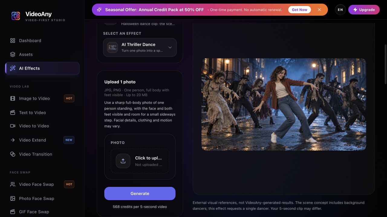 FYP FX AI Thriller Dance studio showing one-photo upload, the Generate button, the 568-credit cost and a labeled external Halloween reference