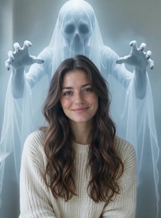 External reference image of an adult woman smiling indoors with a pale ghost behind her