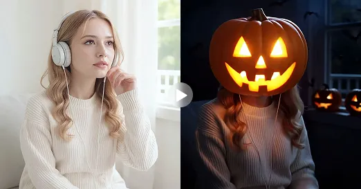 External before-and-after reference comparing an adult portrait and a candlelit pumpkin head in warm evening lighting