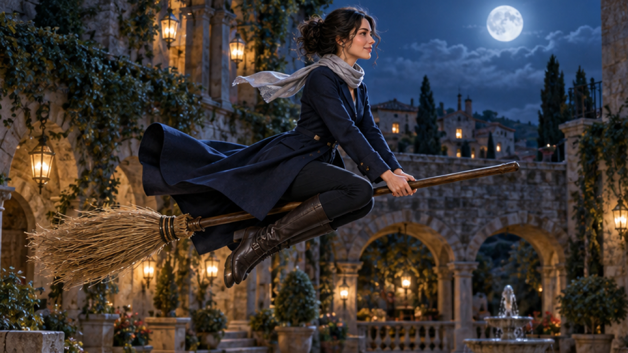 External illustration of an adult woman in a navy coat and silver-grey scarf on a wooden broom above a lantern-lit stone courtyard under a full moon
