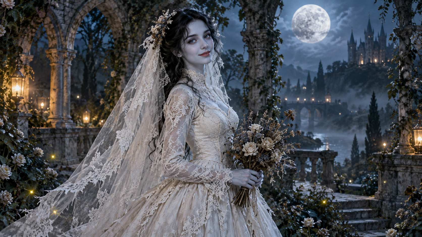 AI illustration of the Corpse Bride effect in a moonlit garden