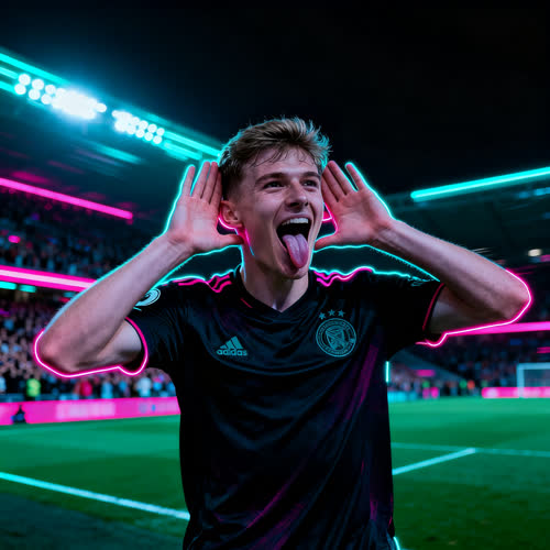 Person in a dark football shirt holding hands behind the ears in a stadium with colored rim lighting