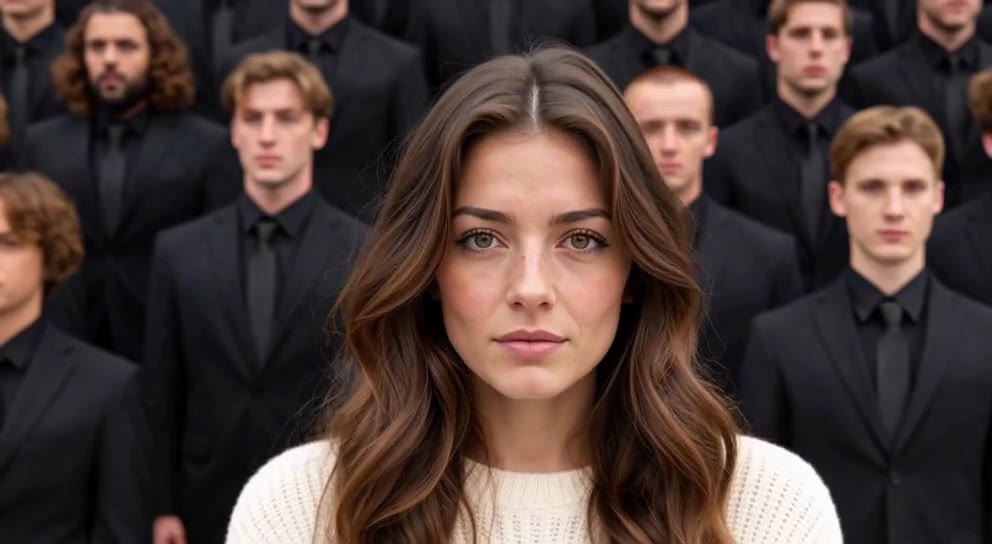Person in a cream sweater facing the camera with rows of dark-suited people behind